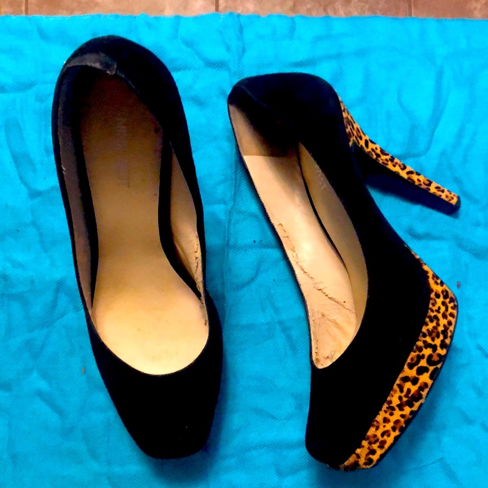 NINE WEST, PLATFORM, SUEDE, BLACK AND ANIMAL PRINT, SZ11, GENTLY WORN